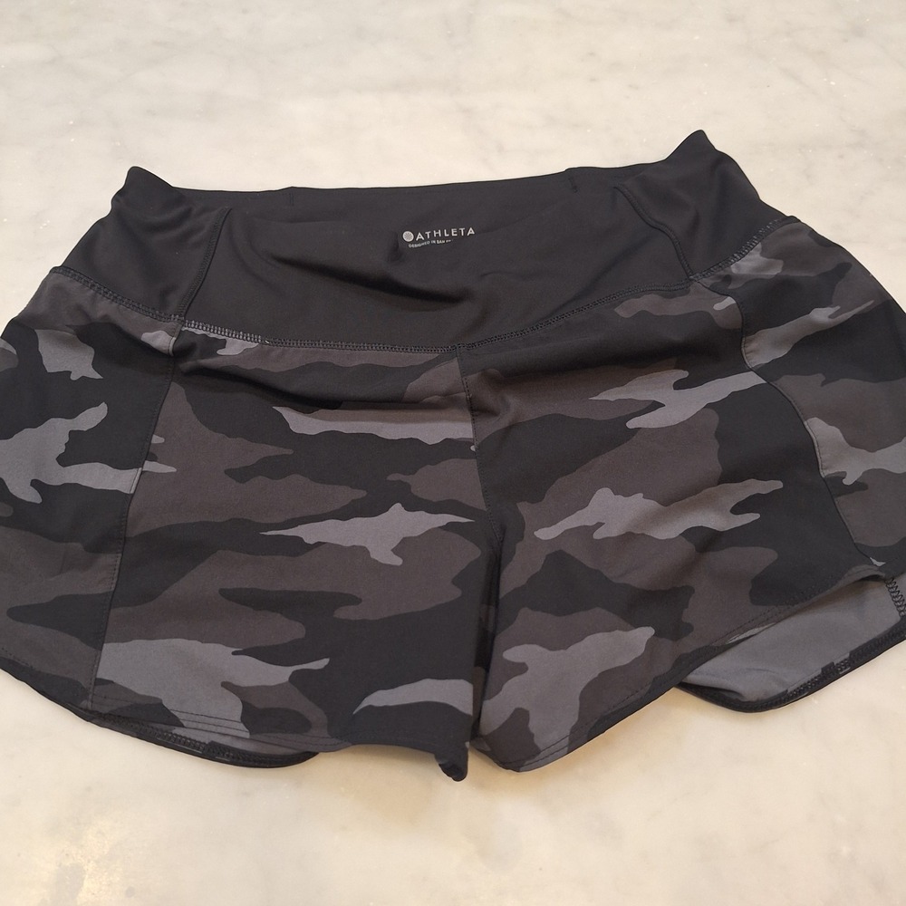Athleta Running Shorts Womens S Black Camo Mesh Trim Back Zip Pocket Activewear